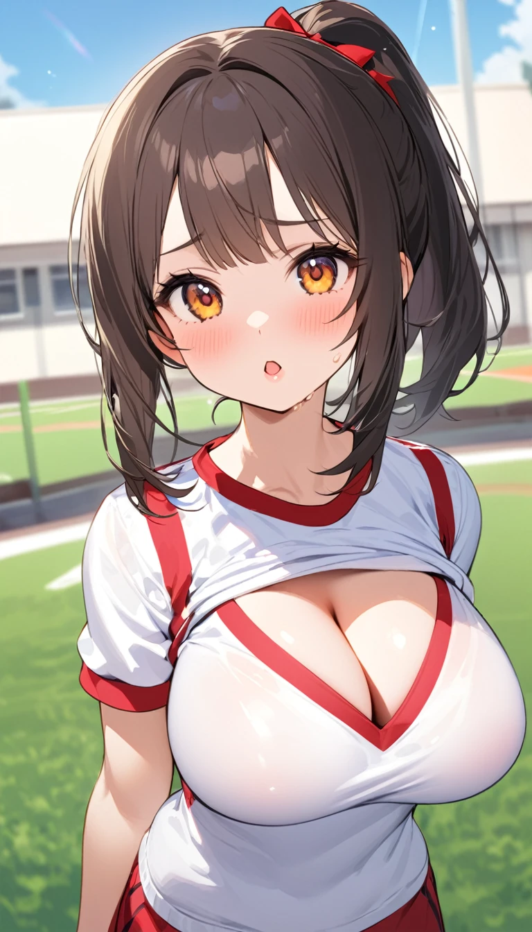 {{{{{16k,Ultra High-resolution realistic photograph of neat virgin first-year junior high school girl's in School-designated gym uniform with junior high ribbon as pretty as a actress in Grass schoolyard, She's in the first year of middle school, but she's too well developed, her F-cup cleavage tits are too beautiful, Her bra is showing through under her gym clothes, Her tits are shaking so much in PE that it's embarrassing}}}}},{{Extremely detailed}},{{{{{dye her cheeks flush and integrated her head pure small, thick lips, Enchanting thick gross idol's Lips}}}}},{{{{{the bang ponytail hair}}}}},{{{{{She get more attractive and smoother her body, her expression and appearance are transformed into that of a pure, Her white tits are so fluffy, and are depicted in great detail, but her sex appeal from her cleavage fills the schoolyard, her bodyline and tits and hips are getting cuter and cuter, She has been reborn as a pretty one-in-a-thousand-year girl with a sparkling aura of cuteness}}}}}