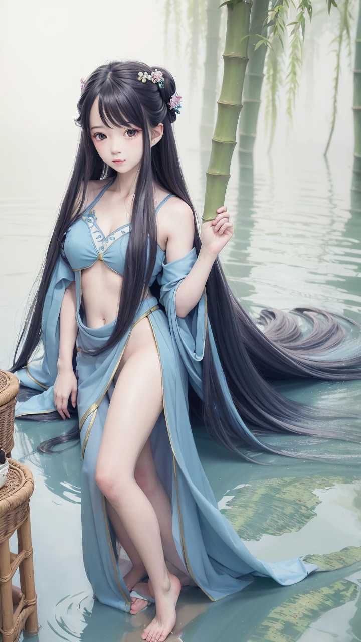 masterpiece, best quality, official art, 8k wallpaper, highly detailed, illustration, 1 girl, Azure hair, long hair, detailed eyes, forrest, bare shoulders, hanfu,lakes, pure, soft smile,bamboo,Tea