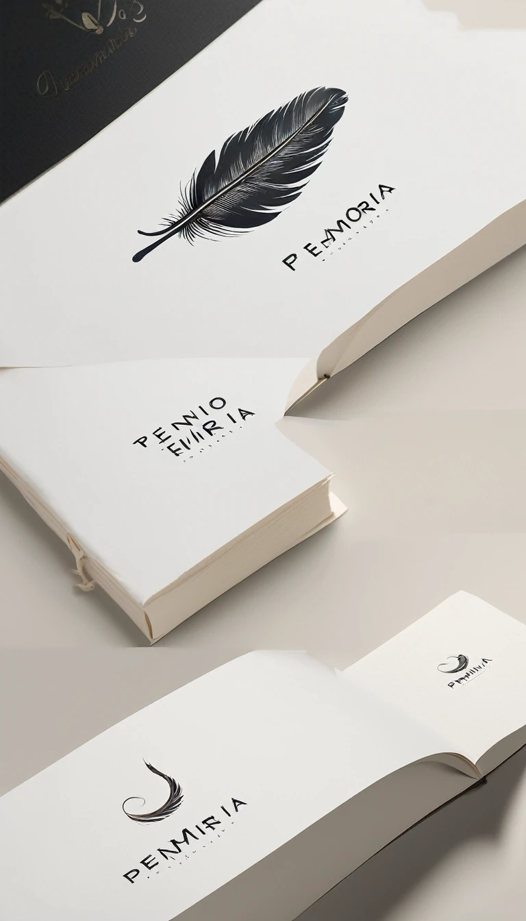 A minimal, modern, simple, cinematic logotype for the brand “Penamemoria". The logotype must be a simple, magical feather and a boy playing acoustic guitar. The logo must convey a sense of music, stories and dreams. Logo design impressed on a book cover. Minimalistic logo