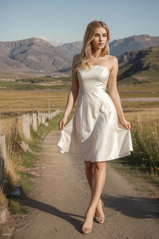 make a blonde woman, with European features and an elegant outfit like a dress, in a different landscape 