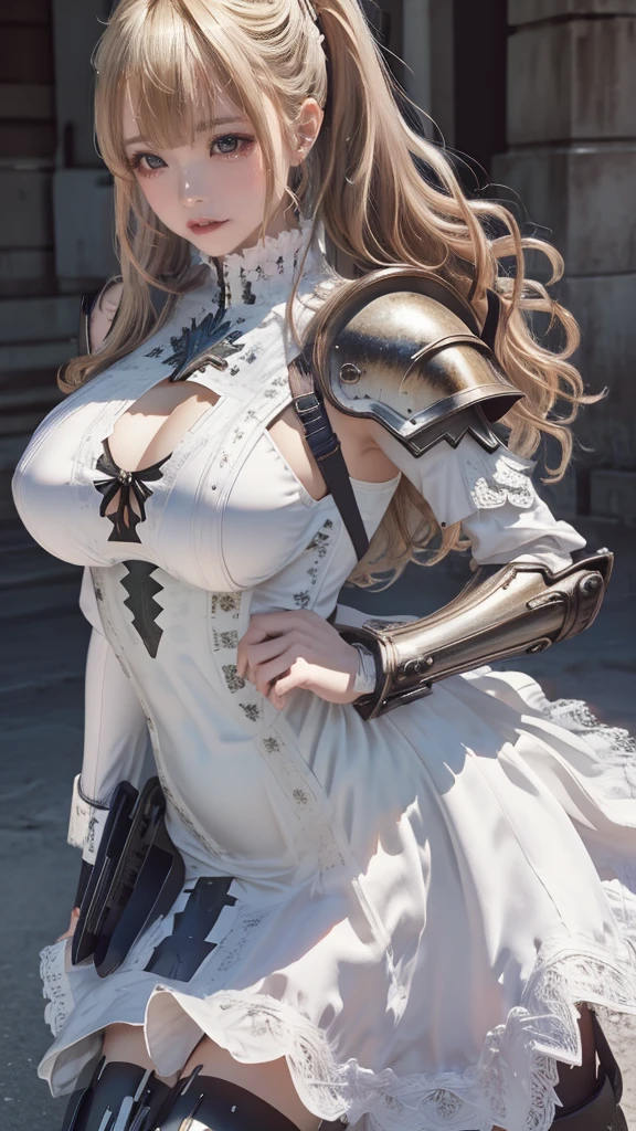 (dynamic fighting pose),(leather boots,(asymmetrical mecha armor),(long embroidered white lace dress,see through,lift up the hem of the dress)),(random hairstyle),(Thin type:1.8),(large breasts),(Highest image quality,(8K), Ultra-realistic, Best Quality, High quality, High Definition, high quality texture, high detailing, Beautiful detailed, fine detailed, extremely details CG, Detailed texture, realistic representation of face, masterpiece, presence)