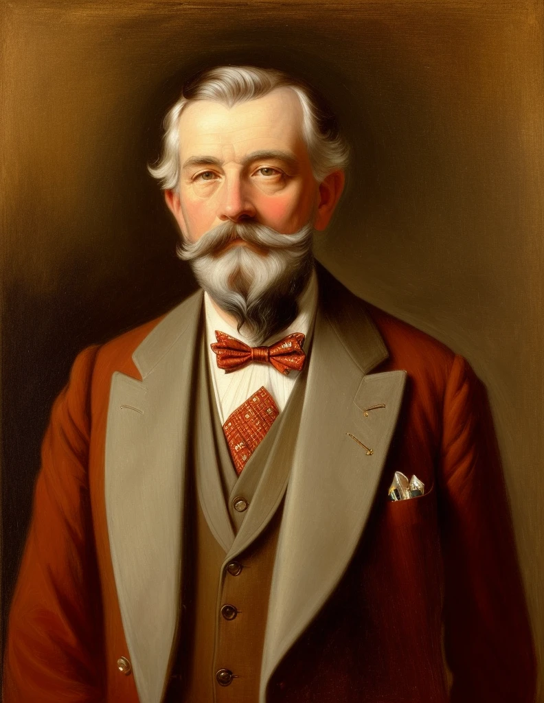 there is a painting of a man with a beard and a bow tie, artwork by Pedro Bell, inspired by Henry Ives Cobb, Junior., inspirado em John Frederick Herring, Mr.., por George Barret, Mr.., inspired por George Barret, Mr.., colorized portrait, inspirado em Henry Snell Gamley, inspirado em Samuel F. B. Morse, por George Barret