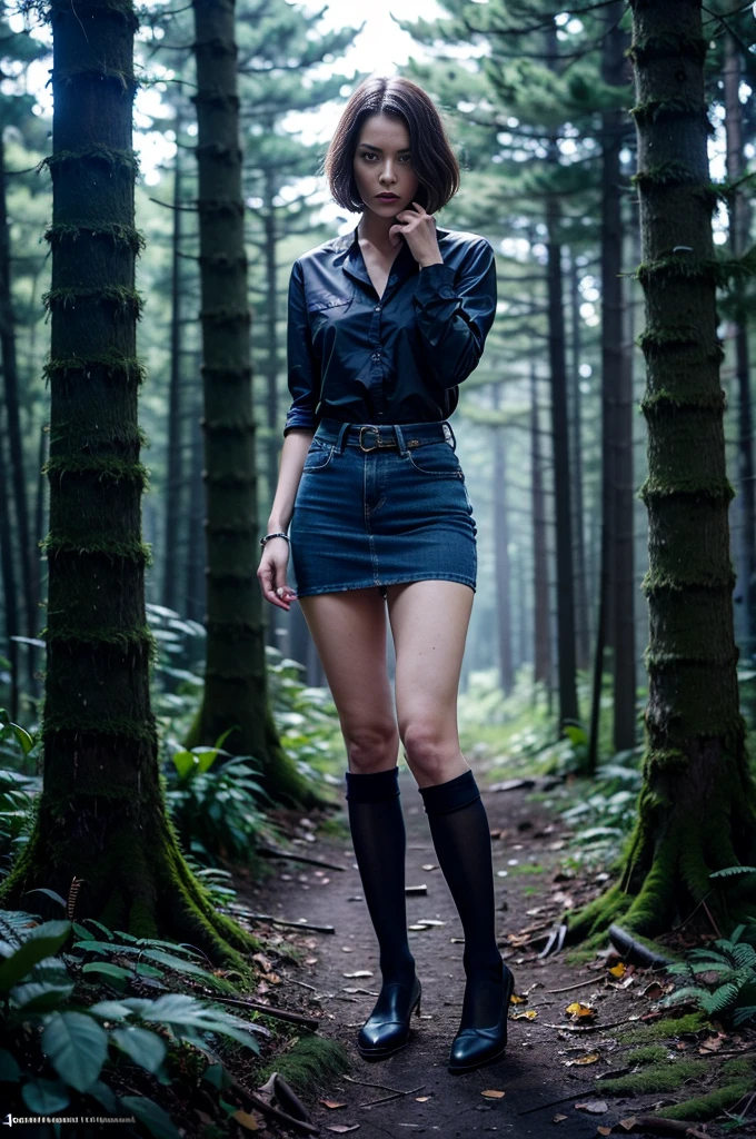"(best qualityer,high resolution:1.2),The woman,(masochism:1.3),expressive wrinkles,Short hair bob cut,denim skirt,blouse,dark lace stockings with garters, ( dm a dense forest:1.2),detailed eyes and face,long eyelashes,expression of despair,Dark, moody lighting,sinister vibration, grim reaper" Aesthetic artwork:1.2, {Full body}