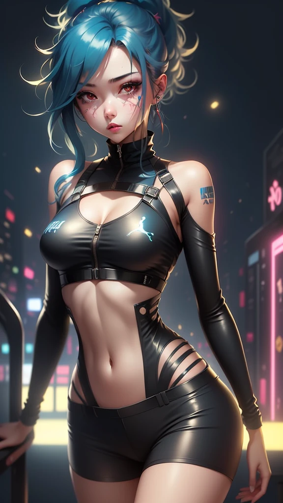 ((masutepiece)), Best Quality, absurderes, ultra-detailliert, Holographic, Cowboy Shot, Dynamic Pose, Golden ratio, Super cute girl, Mature girl, Idol girl, Super beautiful asian girl with very beautiful purple glowing eyes, Beautiful shiny brown multicolored hair, High Ponytail, Nice and sexy body, Slim body, Perfect body, Wearing a super tight anime pattern leotard, Anime Print Super Tight Off Shoulder Short Sleeve Crop Top, Super aesthetic transparent mini jacket, beautiful hair decoration, Pink Jordan Tennis, Being filmed in a dance arcade game