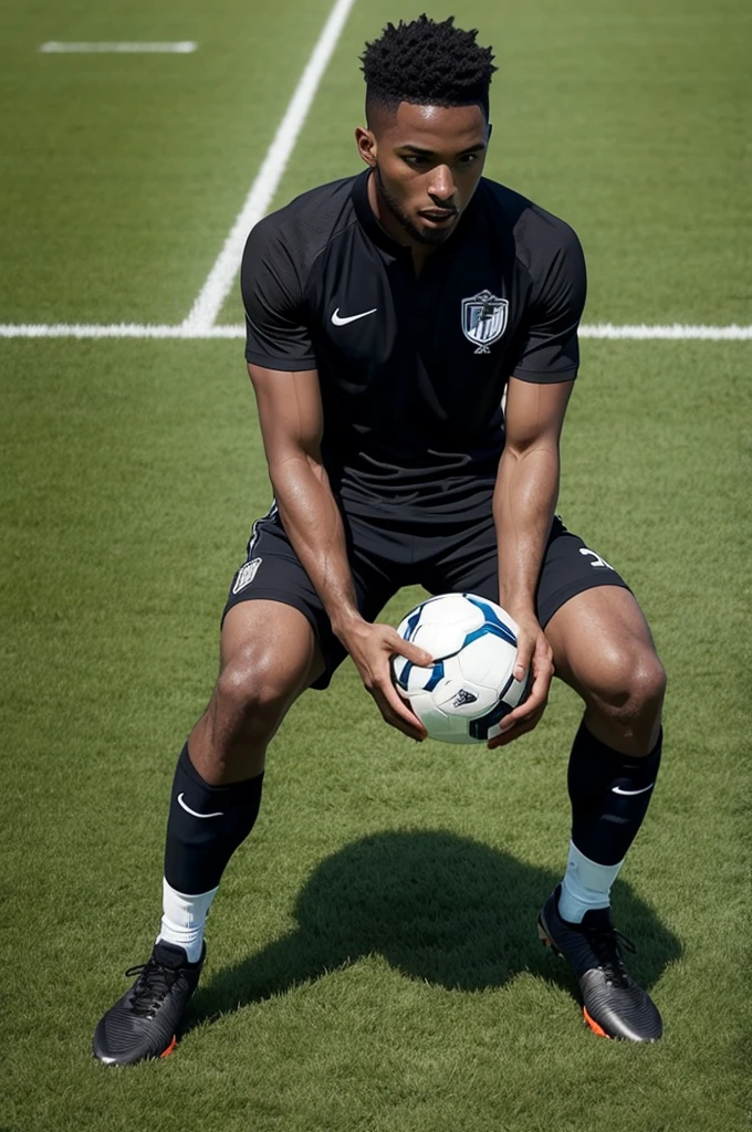 Black soccer player alone on the field with a ball at his feet