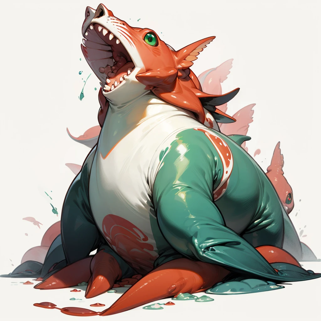(Random Evolution, Colossal squid mixed Big seal), full body version, full red and white colour skins, (green eyes), (Grassroots oil), no background, Oil, slimy floor