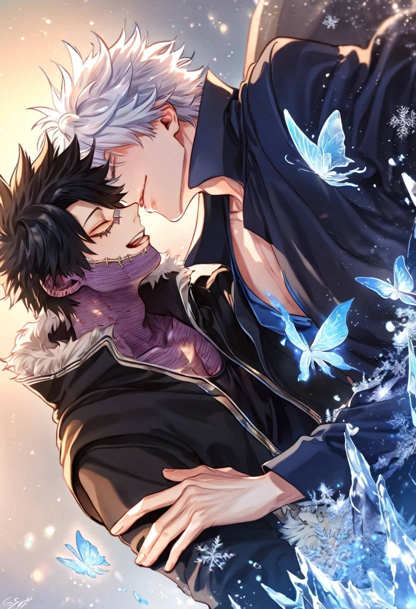 absurdres, highres, ultra detailed, HDR, master piece, best quality, extremely detailed face, delicated features, Dabi, black hair, closed eyes, Boku No Hero Academia, Gojou Satoru, white hair, closed eyes, white eyelashes, two sexy men kissing, yaoi, gay couple, handsome, smiling, blue jacket with fur, black coat, fantasy, magical, ice, blue fire, ice butterflies, snowflakes, starry night