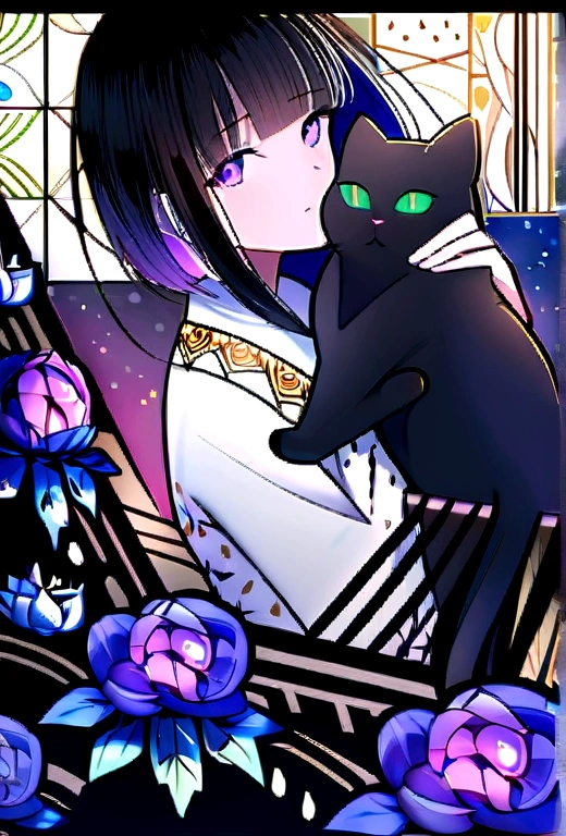 high quality, 8K Ultra HD,lovely double exposure image by blending together a starry sky and a blue-purple hydrangea flower.Illustrations drawn with colorful, flashy, precise and delicate touches.Fantastic atmosphere. A beautiful gal girl with black hair and bangs in a black-and-white lace dress is fighting with a cat in her arms.The costumes are traditional flower patterns, and the decorations are delicate and meticulous.High definition.backdrop filled with colorful patterns representing ancient symbols and floral motifs. The background is richly detailed with geometric shapes that add depth to their figure's presence.