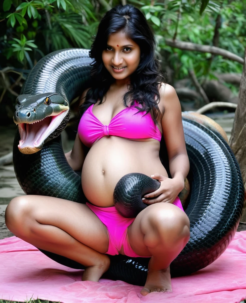 Pregnant Pink bikini Happy Horny, aroused 1girl), beautiful kneeling Indian  girl  with  giant colossal black anaconda monster  squeezing her hard, wrapped in thick spiraling coils, constricted, struggle, gasping for air, snake attack, snake peril, moonless night, dim light