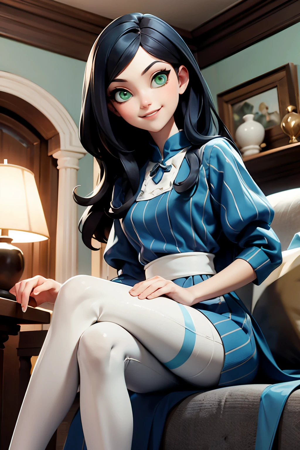 AliceMadness,long black hair, green eyes, blue dress, white apron, striped pantyhose, looking at viewer, smiling, teeth, sitting, on sofa, legs crossed, holding a knife, inside cozy living room, playful ambiance, high quality, masterpiece 