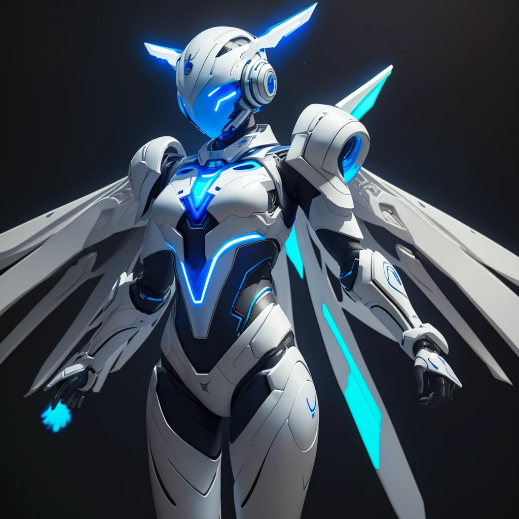 Dronificated unknown girl () in a fully enclosed white latex fullbody suit with blue lights across the suit and star shaped glowing core in the chest, fully enclosed cyber helmet that cover her whole face and hides her identity with a blue screen that has a white star, flat chest, narrow waist, open Mechanical wings, underwater, no face, no hair, no mouth, no eyes, (perfect anatomy)