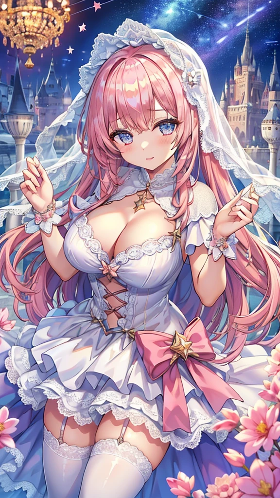 Masterpiece、Highest quality、Super detailed、1 girl、Light pink hair、Fluffy and soft long hair、Starry eyes、Big Tits、Cleavage、A dress that looks like a starry sky、garter belt、Twinkling Star々、crystal、ribbon、Lace cape、Lace veil、underwear、mysterious、Shining Star Castle