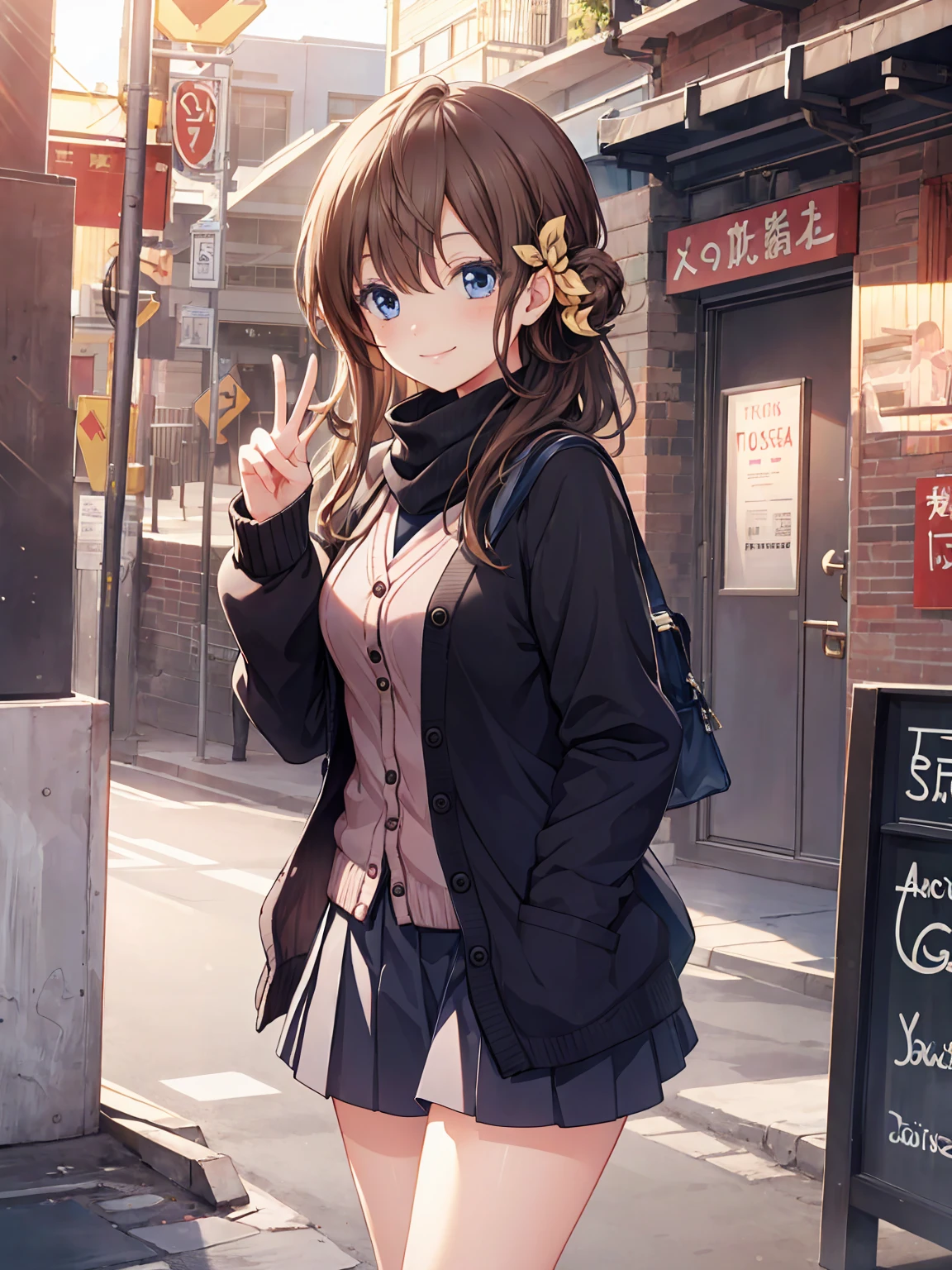 Smile,best Smile,double Peace,cardigan,miniskirt,masterpiece,best quality,ultra detailed,high resolution,extremely detailed CG, (perfect hand),