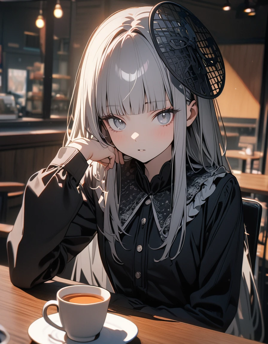 (8K, best quality, master piece: 1.2), super high resolution,1 girl,独奏,16yo,ultra-detailed face,detailed eyes,silver eyes,blunt bangs,silver hair,Straight Hair,Long Hair,long sleeve petal collar blouse,black Fascinator,Tiered skirt,expressionless,parted lips,Rim Light,Sitting in a chair,A cake and a cup of tea on the table,Coffee shop