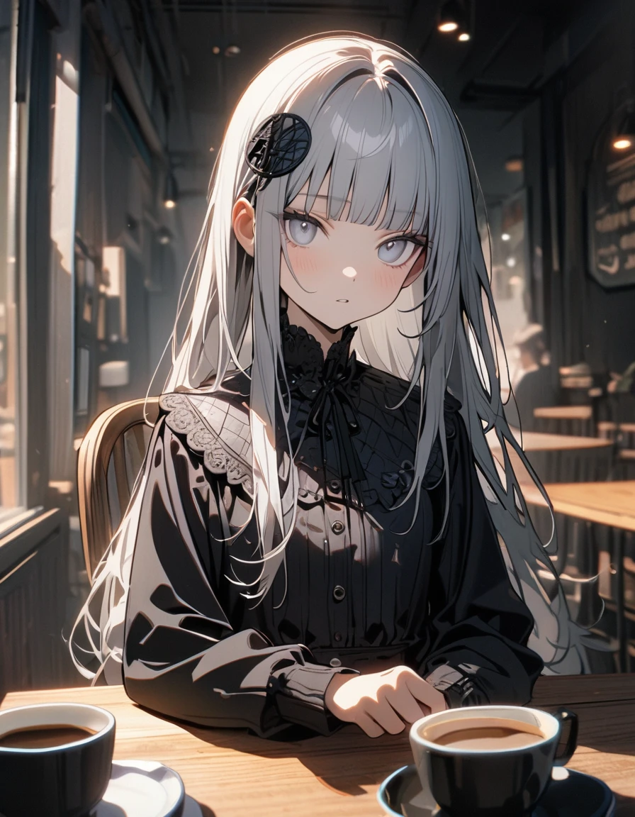 (8K, best quality, master piece: 1.2), super high resolution,1 girl,独奏,16yo,ultra-detailed face,detailed eyes,silver eyes,blunt bangs,silver hair,Straight Hair,Long Hair,long sleeve petal collar blouse,black Fascinator,Tiered skirt,expressionless,parted lips,Rim Light,Sitting in a chair,A cake and a cup of tea on the table,Coffee shop