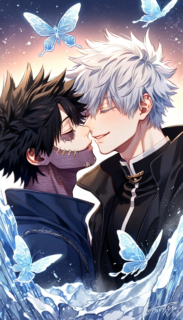 absurdres, highres, ultra detailed, HDR, master piece, best quality, extremely detailed face, delicated features, Dabi, black hair, closed eyes, Boku No Hero Academia, Gojou Satoru, white hair, closed eyes, white eyelashes, two sexy men kissing, yaoi, gay couple, handsome, smiling, blue jacket with fur, black coat, fantasy, magical, ice, blue fire, ice butterflies, snowflakes, starry night