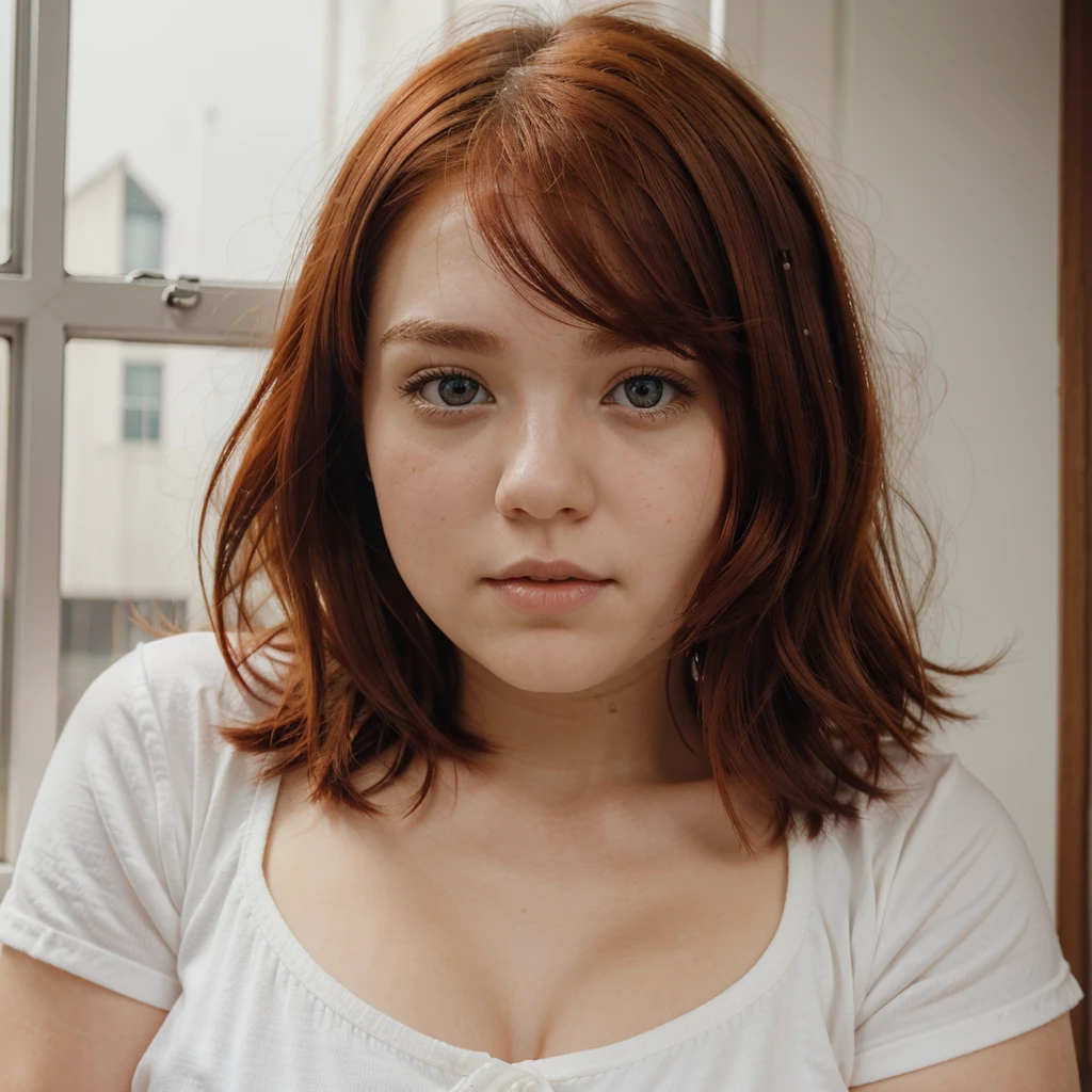 a girl with red hair, chubby and short, white color, loose hair and rounder eyes