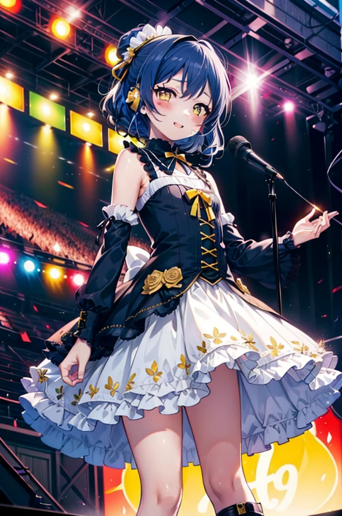 Umi Sonoda, Long Hair, Blue Hair, (Yellow Eyes:1.5) (Flat Chest:1.2),happy smile, smile, Open your mouth,アイドルsingerがライブstageで熱狂的に歌うシーンのイラスト. アイドルsingerがstage中央に立っている. アイドルsingerはアイドル風の着物を着て ,I'm wearing boots. アイドルsinger has her hair up and is wearing a headset. アイドルsingerがマイクを持って歌っている. アイドルsinger&#39;The expression is serious and powerful.. singer&#39;Your voice is strong and beautiful. stageの周りにはファンが集まる. ファンはアイドルsingerと一緒に歌ったり踊ったりしている.whole bodyがイラストに入るように,
break indoors, stage,
break looking at viewer, whole body,
break (masterpiece:1.2), Highest quality, High resolution, unity 8k wallpaper, (shape:0.8), (Beautiful attention to detail:1.6), Highly detailed face, Perfect lighting, Extremely detailed CG, (Perfect hands, Perfect Anatomy),