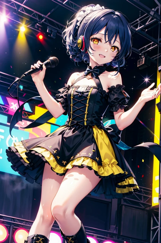 Umi Sonoda, Long Hair, Blue Hair, (Yellow Eyes:1.5) (Flat Chest:1.2),happy smile, smile, Open your mouth,アイドルsingerがライブstageで熱狂的に歌うシーンのイラスト. アイドルsingerがstage中央に立っている. アイドルsingerはアイドル風の着物を着て ,I'm wearing boots. アイドルsinger has her hair up and is wearing a headset. アイドルsingerがマイクを持って歌っている. アイドルsinger&#39;The expression is serious and powerful.. singer&#39;Your voice is strong and beautiful. stageの周りにはファンが集まる. ファンはアイドルsingerと一緒に歌ったり踊ったりしている.whole bodyがイラストに入るように,
break indoors, stage,
break looking at viewer, whole body,
break (masterpiece:1.2), Highest quality, High resolution, unity 8k wallpaper, (shape:0.8), (Beautiful attention to detail:1.6), Highly detailed face, Perfect lighting, Extremely detailed CG, (Perfect hands, Perfect Anatomy),