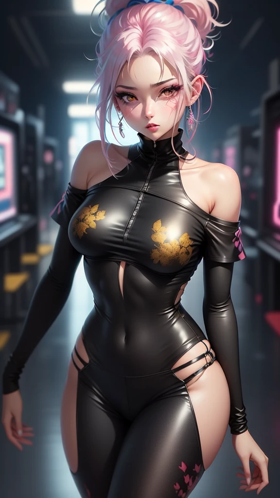 ((masutepiece)), Best Quality, absurderes, ultra-detailliert, Holographic, Cowboy Shot, Dynamic Pose, Golden ratio, Super cute girl, Mature girl, Idol girl, Super beautiful asian girl with very beautiful purple glowing eyes, Beautiful shiny brown multicolored hair, High Ponytail, Nice and sexy body, Slim body, Perfect body, Wearing a super tight anime pattern leotard, Anime Print Super Tight Off Shoulder Short Sleeve Crop Top, Super aesthetic transparent mini jacket, beautiful hair decoration, Pink Jordan Tennis, Being filmed in a dance arcade game