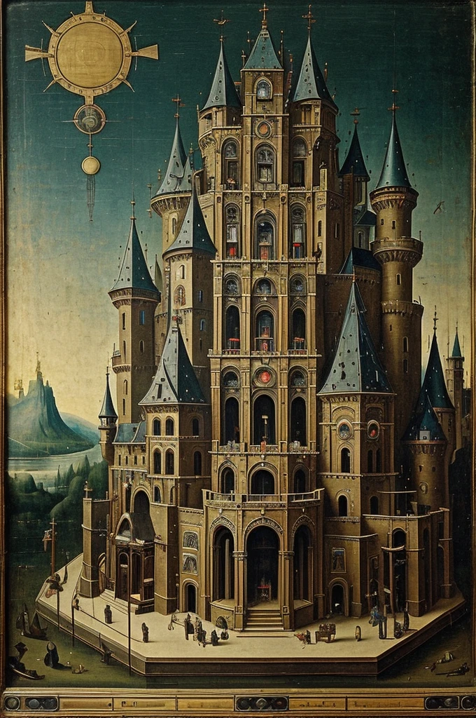 Very antique image of a  big rack full of controls, gadgets, lights and wires and  three men playing a synthesizer, with only one castle in the background, hieronymus bosch style, three men, big rack full of controls and wires, three men, masterpiece. 