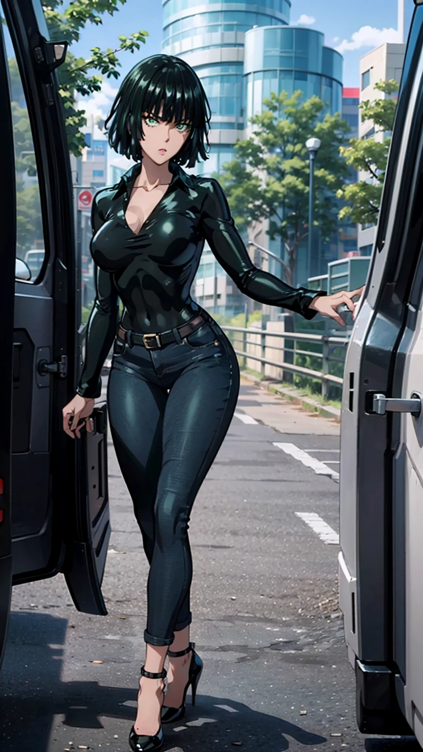 Fubuki from One Punch Man, masterpiece, best quality, 8K, UHD, ultra detailed, ,sexy pose, standing pose,full body, full length,beatiful green eyes, beatiful hair, wearing black thight jeans , topless , medium breasts,neat nippels, rounded breasts,wearing high heels, sexy leg, sexy