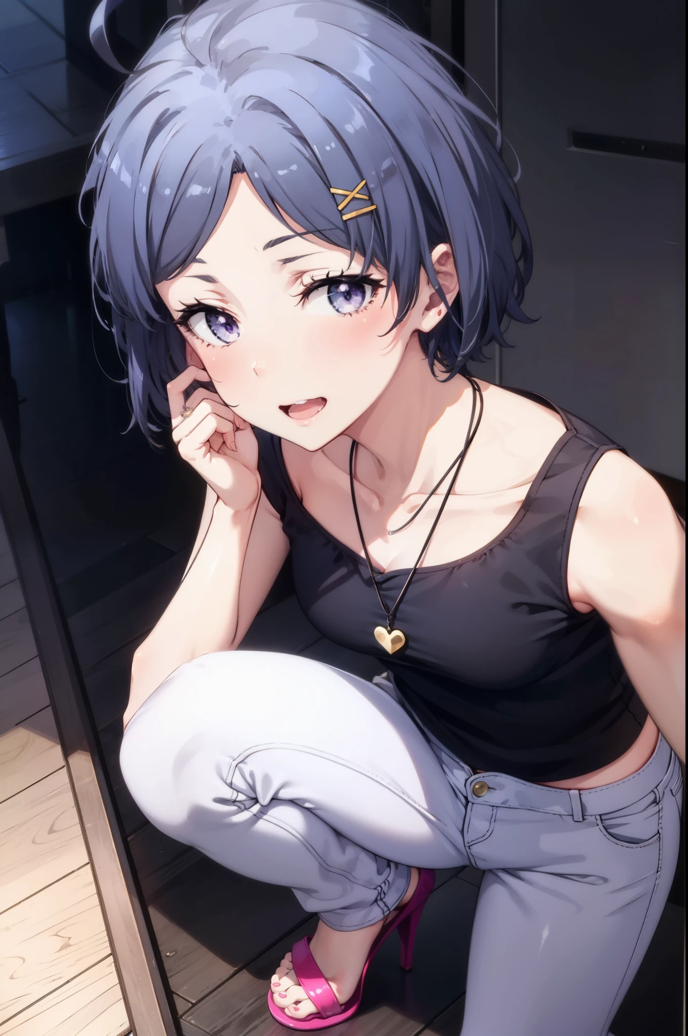komachihikigaya, komachi hikigaya, short hair, Black Hair, hair ornaments, Ahoge, Hair Clip, x hair ornaments, (Purple eyes:1.1), tooth, happy smile, smile, Open your mouth, black tank top shirt,Locket Necklace,Skinny jeans,Stiletto heels,morning,morning陽,The sun is rising,Walking,whole bodyがイラストに入るように,
break outdoors, Building district,
break looking at viewer,whole body,
break (masterpiece:1.2), Highest quality, High resolution, unity 8k wallpaper, (figure:0.8), (Beautiful attention to detail:1.6), Highly detailed face, Perfect lighting, Highly detailed CG, (Perfect hands, Perfect Anatomy),