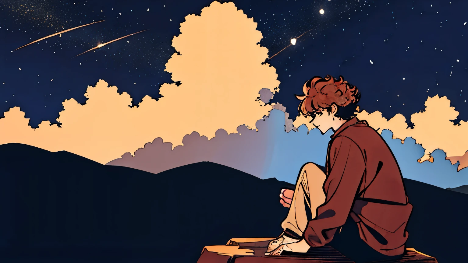 guy 20 years old with short curly hair, of average height, with a thin build, sits on a hill looking at the stars in the night sky.