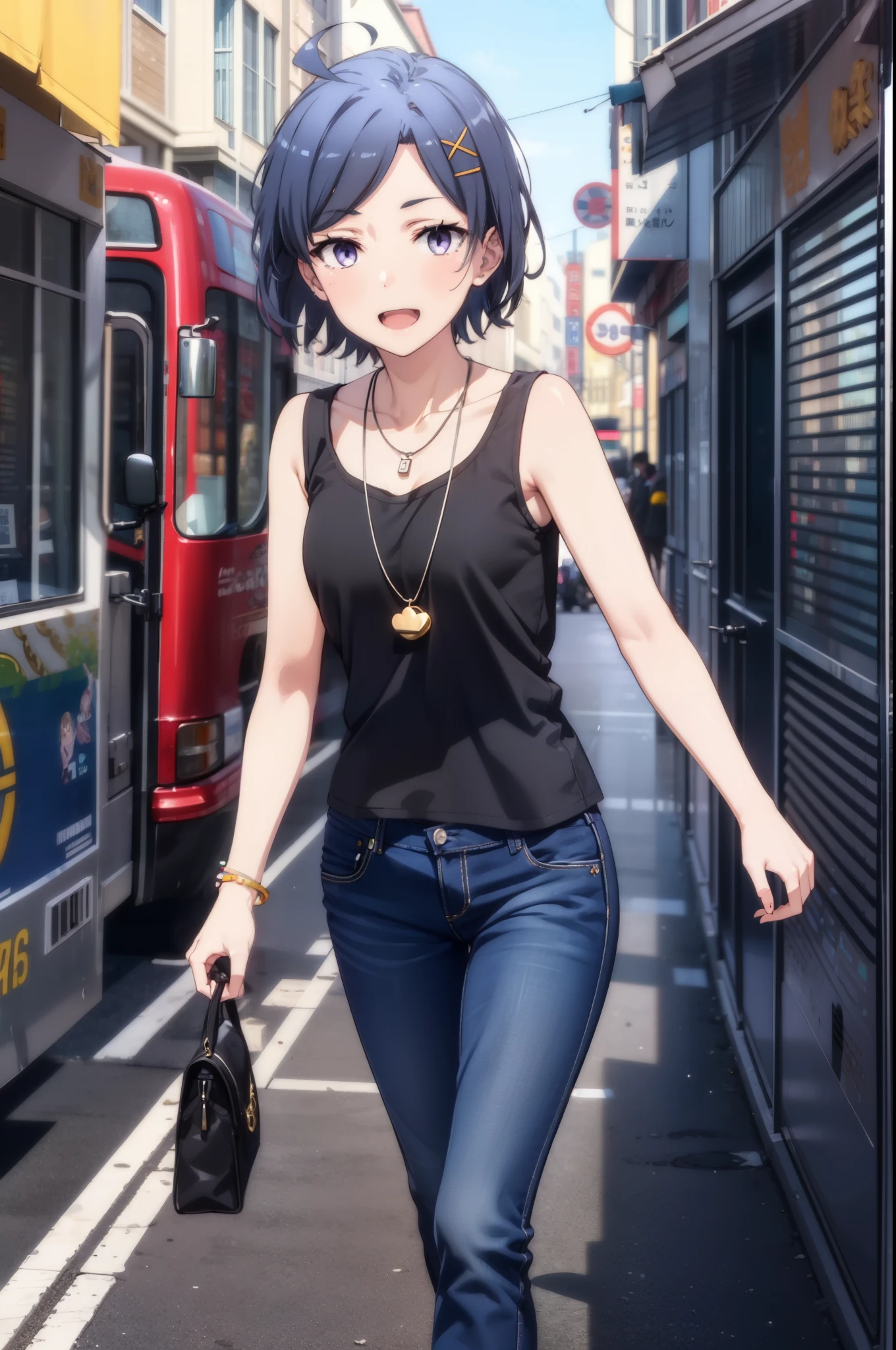 komachihikigaya, komachi hikigaya, short hair, Black Hair, hair ornaments, Ahoge, Hair Clip, x hair ornaments, (Purple eyes:1.1), tooth, happy smile, smile, Open your mouth, black tank top shirt,Locket Necklace,Skinny jeans,Stiletto heels,morning,morning陽,The sun is rising,Walking,whole bodyがイラストに入るように,
break outdoors, Building district,
break looking at viewer,whole body,
break (masterpiece:1.2), Highest quality, High resolution, unity 8k wallpaper, (figure:0.8), (Beautiful attention to detail:1.6), Highly detailed face, Perfect lighting, Highly detailed CG, (Perfect hands, Perfect Anatomy),