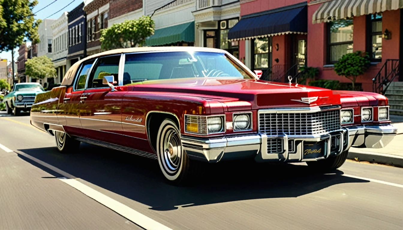 Generate an image of a 1970s red Cadillac with a tan interior driving down a sunny American street. The car should have a sleek, vintage design with chrome details and a large size, capturing the classic vibe of the era. The background should feature some greenery and buildings, reflecting a typical suburban setting.