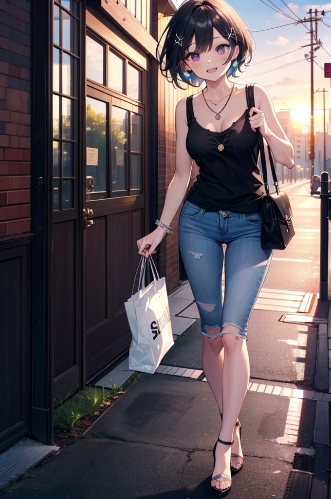 komachihikigaya, komachi hikigaya, short hair, Black Hair, hair ornaments, Ahoge, Hair Clip, x hair ornaments, (Purple eyes:1.1), tooth, happy smile, smile, Open your mouth, black tank top shirt,Locket Necklace,Skinny jeans,Stiletto heels,morning,morning陽,The sun is rising,Walking,whole bodyがイラストに入るように,
break outdoors, Building district,
break looking at viewer,whole body,
break (masterpiece:1.2), Highest quality, High resolution, unity 8k wallpaper, (figure:0.8), (Beautiful attention to detail:1.6), Highly detailed face, Perfect lighting, Highly detailed CG, (Perfect hands, Perfect Anatomy),