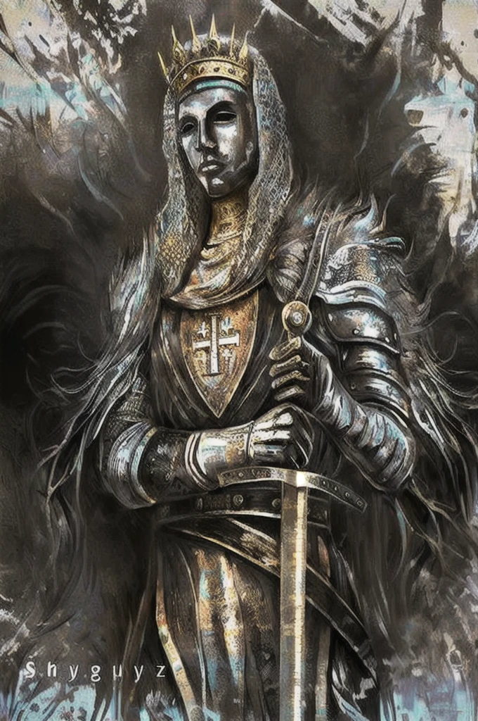 man in armor, using silver metal mask, ornate mask with gold details, female medieval knight, medieval warrior, gentleman portrait, Lt. Tadeusz Pruszkówski, Lt. Ludwik Konarzewski, Fully clad in armor, Medieval crusader saint, by Roman Bezpalkiv, Lt. Eugeniusz Zak