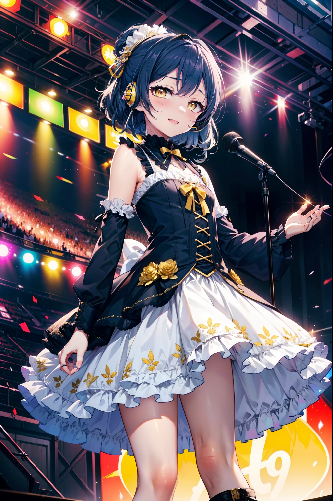 Umi Sonoda, Long Hair, Blue Hair, (Yellow Eyes:1.5) (Flat Chest:1.2),happy smile, smile, Open your mouth,アイドルsingerがライブstageで熱狂的に歌うシーンのイラスト. アイドルsingerがstage中央に立っている. アイドルsingerはアイドル風の着物を着て ,I'm wearing boots. アイドルsinger has her hair up and is wearing a headset. アイドルsingerがマイクを持って歌っている. アイドルsinger&#39;The expression is serious and powerful.. singer&#39;Your voice is strong and beautiful. stageの周りにはファンが集まる. ファンはアイドルsingerと一緒に歌ったり踊ったりしている.whole bodyがイラストに入るように,
break indoors, stage,
break looking at viewer, whole body,
break (masterpiece:1.2), Highest quality, High resolution, unity 8k wallpaper, (shape:0.8), (Beautiful attention to detail:1.6), Highly detailed face, Perfect lighting, Extremely detailed CG, (Perfect hands, Perfect Anatomy),