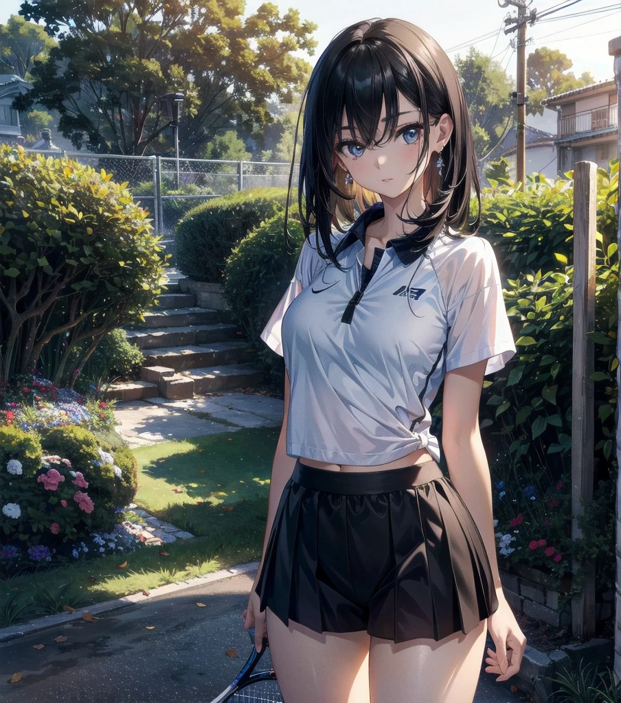 absurdres, RAW photo, extremely delicate and beautiful, masterpiece, Best Quality, ultra high resolution, 32k, hyperrealistic, ultra-detailed, perfect anatomy, super Detailed skin, perfect figure, Japanese woman, late 20s, very Slim body, narrow waist, very small head, handsome detailed woman, very detailed eyes and face, realistic face proportions, Stunning detailed eyes, Realistic beautiful face, very small face, Realistic small beautiful eyes, tearful mole, earring, beautiful and very thin legs, beautiful and very thin thighs, (very huge round breasts), medium hair, black hair, whole body shot, ((Tennis Uniform)), shorts, ((outdoor)),