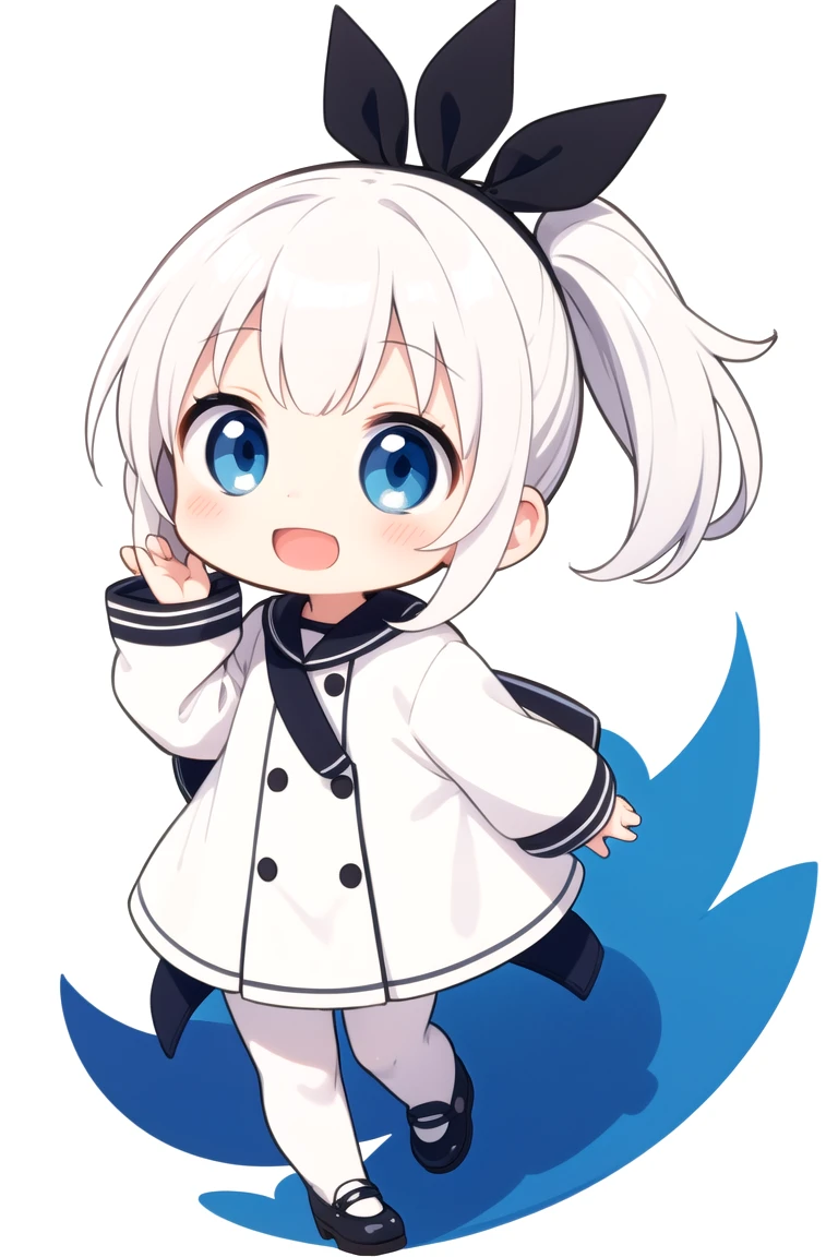 chibi, flat color, solo, full body, cute, (highest quality), blue eye, long hair, white hair, white clothes, side ponytail, Beam with laughter, open mouth, white background, (masterpiece)