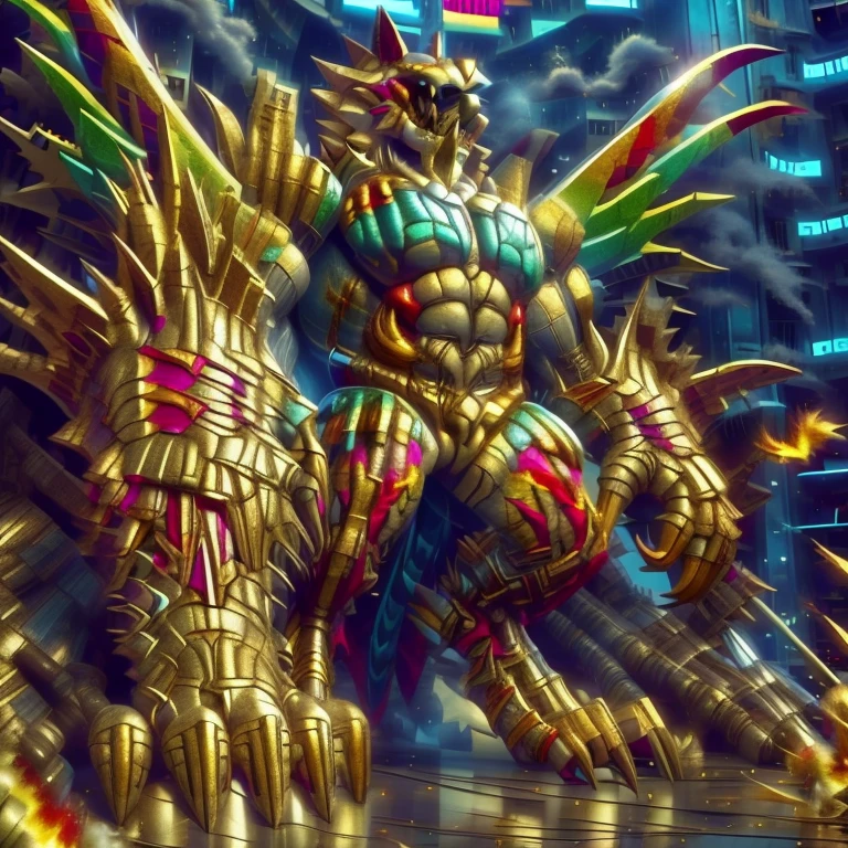 (masterpiece. official art. 8k. best quality. detailed full body. full body.)

(situation 1 : dominating The Phoenix Wolf. The Phoenix Wolf is over 1000 meters long. focus GIANT mechanical Muscular The Phoenix Wolf is trampling the car. Looking down.)

(situation 2 :smoke and flames rising from the destruction in the city)

(Additional details 1: Wearing golden Armor. Cape. Helmet. real texture material. whole body shines like metal. emphasizes the muscles. suit fully made of metal.Robotic suit).

(Additional details 1.5: The arms are golden. The lower half of the body is golden. The wolf-shaped helmet has sharp fangs. The whole body is golden. The chest area is also golden. There is a ring above the head.).

(Additional details 2: Detailed head. Detailed Body. Detailed abs. gigantic muscles. HYPER MUSCLES. Gigachad Muscular. big muscle. pecs. triceps. traps. unusually developed muscular body. body full of huge muscles. showing off muscles. pectorales enormes. Exaggeratedly huge muscles. huge muscles. long legs.).

(Additional details 3: Spread wings. It has wings. The claws are sharp. Sharp teeth.). He is laughing defiantly. The claws are sharp. Sharp teeth.). 

(Additional details 3.5 : nj5furry,  He is laughing defiantly. medieval armor.). 

(Additional details 4: golden dick, golden cock, golden hyper penis. hyper golden penis. big penis)

Armored Flazzard