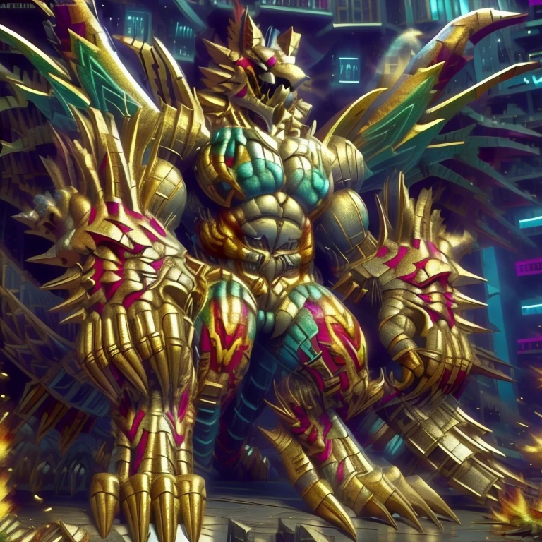 (masterpiece. official art. 8k. best quality. detailed full body. full body.)
(situation 1 : ting The Phoenix Wolf. The Phoenix Wolf is over 1000 meters long. focus GIANT mechanical Muscular The Phoenix Wolf is trampling the car. Looking down.)
(situation 2 :smoke and flames rising from the destruction in the city)
(Additional details 1: Wearing golden Armor. Cape. Helmet. real texture material. whole body shines like metal. emphasizes the muscles. suit fully made of metal.Robotic suit).
(Additional details 1.5: The arms are golden. The lower half of the body is golden. The wolf-shaped helmet has sharp fangs. The whole body is golden. The chest area is also golden. There is a ring above the head.).
(Additional details 2: Detailed head. Detailed Body. Detailed abs. gigantic muscles. HYPER MUSCLES. Gigachad Muscular. big muscle. pecs. triceps. traps. unusually developed muscular body. body full of huge muscles. showing off muscles. pectorales enormes. Exaggeratedly huge muscles. huge muscles. long legs.).
(Additional details 3: Spread wings. It has wings. The claws are sharp. Sharp teeth.). He is laughing defiantly. The claws are sharp. Sharp teeth.).
(Additional details 3.5 : nj5furry, He is laughing defiantly. medieval armor.).
(Additional details 4: golden dick, golden cock, en hyper penis. hyplden penis. big penirmored Flaz