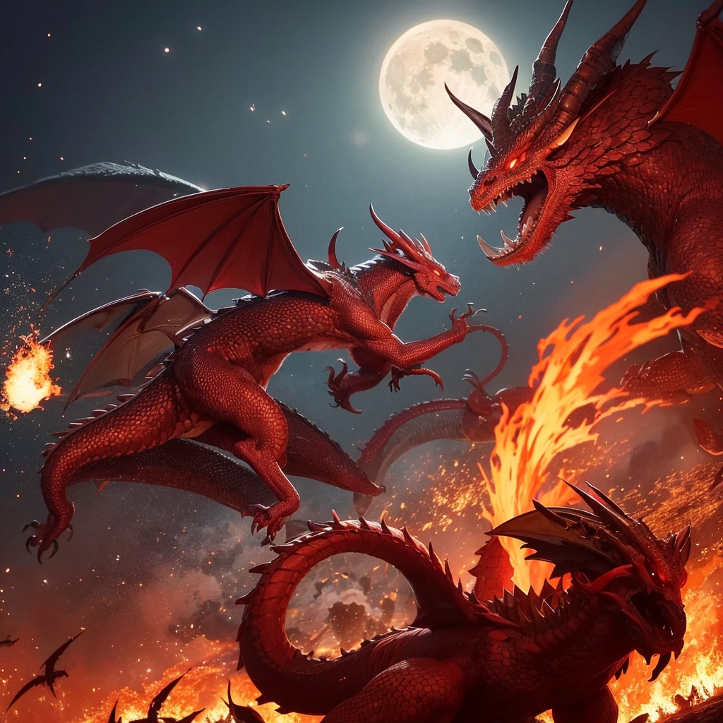 Dragon, red dragon color, spitting fire, Nighttime background under the moon, Dragon on a rampage, Surrounded by fire, Horned dragon 2, Muscular dragon