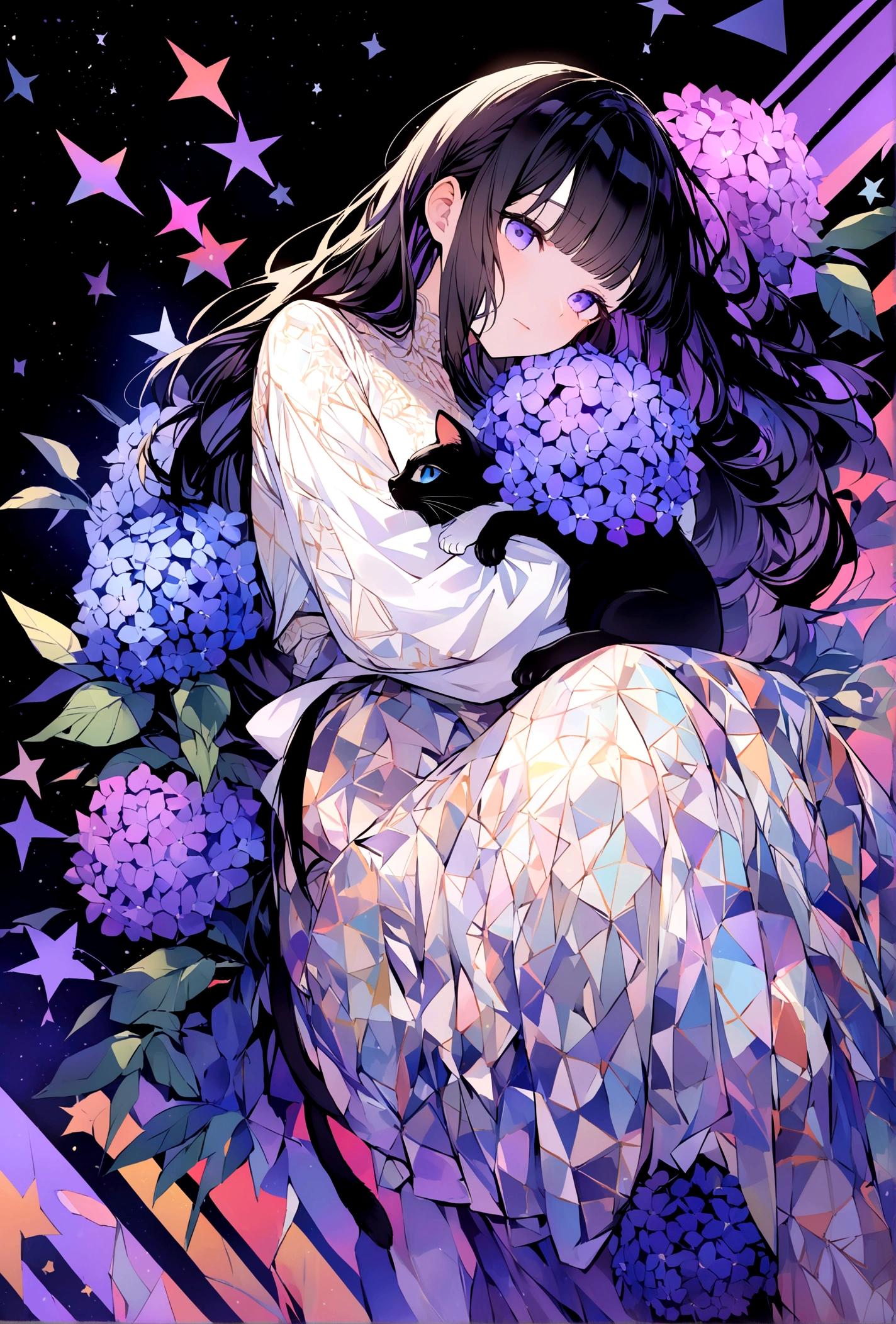 high quality, 8K Ultra HD,lovely double exposure image by blending together a starry sky and a blue-purple hydrangea flower.Illustrations drawn with colorful, flashy, precise and delicate touches.Fantastic atmosphere. A beautiful gal girl with black hair and bangs in a black-and-white lace dress is fighting with a cat in her arms.The costumes are traditional flower patterns, and the decorations are delicate and meticulous.High definition.backdrop filled with colorful patterns representing ancient symbols and floral motifs. The background is richly detailed with geometric shapes that add depth to their figure's presence.