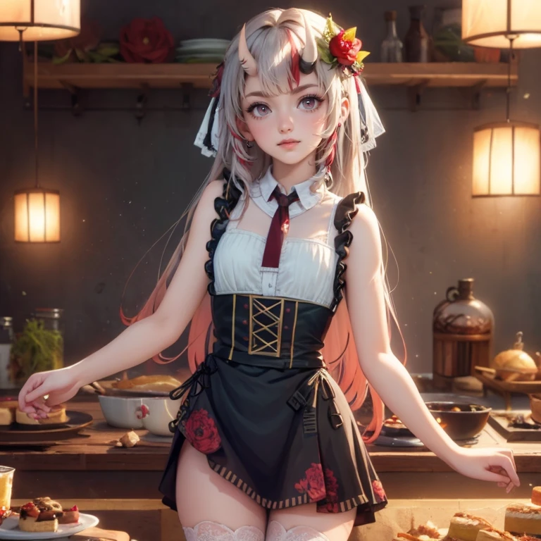 1girl, long hair, long flowing hair, floating hair, ornament hair, perfectly body, perfectly hands, rose on hair, magenta rose on hair, 1 girl, Looking at the viewer, holding a strawberry close to her mouth, flowing hair, Beautiful Eyes, Plump and glossy lips, maid maid dress, maid headdress, maid apron, white maid apron, white maid headdress, dress with too many frills, white dress, magenta laces, white Short skirt, small skirt, skirt with layers, Drape clothes, magenta gem, Lace trim, kitchen scenery, luxury gold details, gold jewelry, maid, maid dress, more details, best quality, Big sparkling eyes, blushing, Striped Lace Stockings, white ta skirt, sparkle, solo, centered girl, cakes on the plate, cowboy shot, perfectly body, perfectly hands, two arms, two legs, two hands, five fingers, perfect anatomy, glowing hair, magenta roses, on the kitchen, sparkles, more details on her clothes, dress with transparency, golden details on her dress, pastry utensils , cakes on focus, ((4k, masterpiece, top-quality)), 8k, best quality, high resolution, UHD, (illustration:0.8), super cute girl, delicate and beautiful face, mature girl, super cute hairstyle, (beautiful detailed eyes:1.6), extremely detailed face, perfect lighting, extremely detailed CG, (perfect hands, perfect anatomy), Best quality, cleavage
