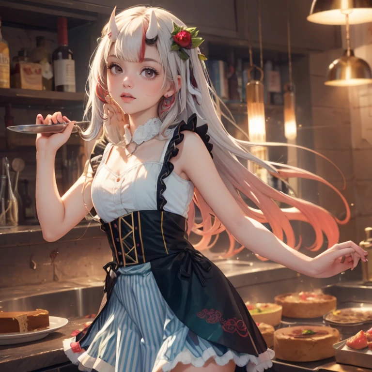 1girl, long hair, long flowing hair, floating hair, ornament hair, perfectly body, perfectly hands, rose on hair, magenta rose on hair, 1 girl, Looking at the viewer, holding a strawberry close to her mouth, flowing hair, Beautiful Eyes, Plump and glossy lips, maid maid dress, maid headdress, maid apron, white maid apron, white maid headdress, dress with too many frills, white dress, magenta laces, white Short skirt, small skirt, skirt with layers, Drape clothes, magenta gem, Lace trim, kitchen scenery, luxury gold details, gold jewelry, maid, maid dress, more details, best quality, Big sparkling eyes, blushing, Striped Lace Stockings, white Lolita skirt, sparkle, solo, centered girl, cakes on the plate, cowboy shot, perfectly body, perfectly hands, two arms, two legs, two hands, five fingers, perfect anatomy, glowing hair, magenta roses, on the kitchen, sparkles, more details on her clothes, dress with transparency, golden details on her dress, pastry utensils , cakes on focus, ((4k, masterpiece, top-quality)), 8k, best quality, high resolution, UHD, (illustration:0.8), super cute girl, delicate and beautiful face, mature girl, super cute hairstyle, (beautiful detailed eyes:1.6), extremely detailed face, perfect lighting, extremely detailed CG, (perfect hands, perfect anatomy), Best quality, cleavage