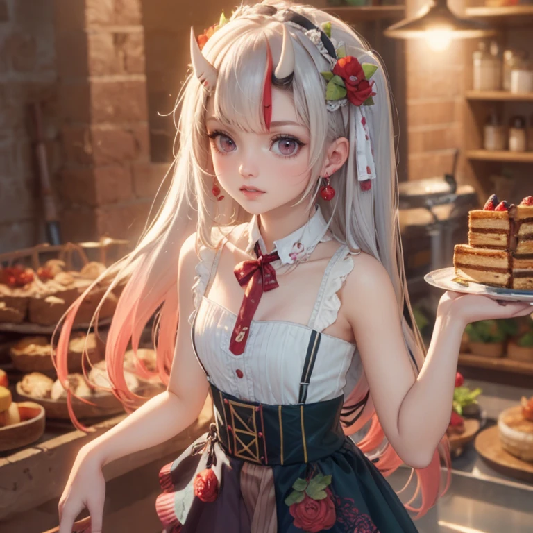 1girl, long hair, long flowing hair, floating hair, ornament hair, perfectly body, perfectly hands, rose on hair, magenta rose on hair, 1 girl, Looking at the viewer, holding a strawberry close to her mouth, flowing hair, Beautiful Eyes, Plump and glossy lips, maid maid dress, maid headdress, maid apron, white maid apron, white maid headdress, dress with too many frills, white dress, magenta laces, white Short skirt, small skirt, skirt with layers, Drape clothes, magenta gem, Lace trim, kitchen scenery, luxury gold details, gold jewelry, maid, maid dress, more details, best quality, Big sparkling eyes, blushing, Striped Lace Stockings, white Lolita skirt, sparkle, solo, centered girl, cakes on the plate, cowboy shot, perfectly body, perfectly hands, two arms, two legs, two hands, five fingers, perfect anatomy, glowing hair, magenta roses, on the kitchen, sparkles, more details on her clothes, dress with transparency, golden details on her dress, pastry utensils , cakes on focus, ((4k, masterpiece, top-quality)), 8k, best quality, high resolution, UHD, (illustration:0.8), super cute girl, delicate and beautiful face, mature girl, super cute hairstyle, (beautiful detailed eyes:1.6), extremely detailed face, perfect lighting, extremely detailed CG, (perfect hands, perfect anatomy), Best quality, cleavage