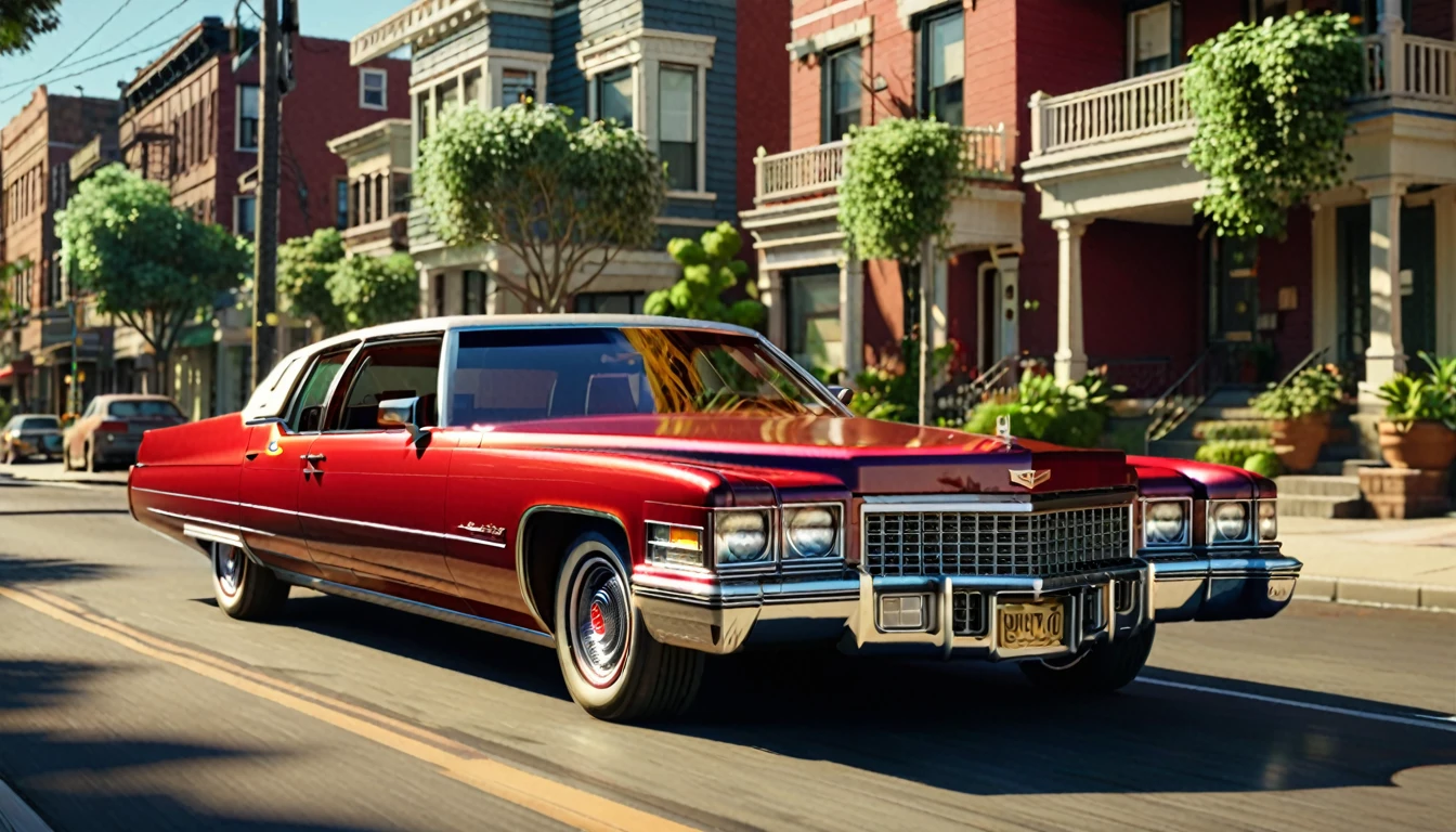 Generate an image of a 1970s red Cadillac with a tan interior driving down a sunny American street. The car should have a sleek, vintage design with chrome details and a large size, capturing the classic vibe of the era. The background should feature some greenery and buildings, reflecting a typical suburban setting. cinematic action, cinematic lighting, backlighting, masterpiece, anatomically correct, textured skin, super detail, 8k atmospheric perspective, depth of field,