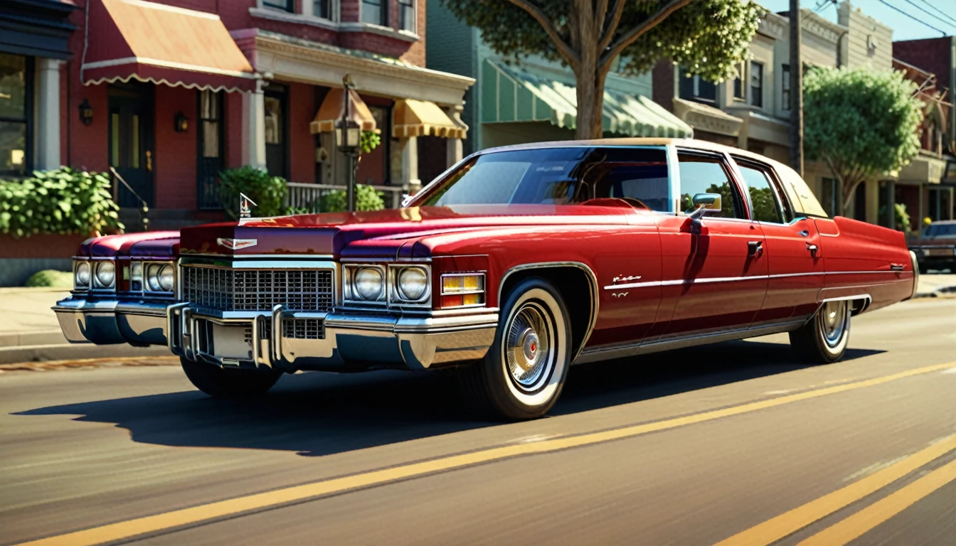 Generate an image of a 1970s red Cadillac with a tan interior driving down a sunny American street. The car should have a sleek, vintage design with chrome details and a large size, capturing the classic vibe of the era. The background should feature some greenery and buildings, reflecting a typical suburban setting. cinematic action, cinematic lighting, backlighting, masterpiece, anatomically correct, textured skin, super detail, 8k atmospheric perspective, depth of field,