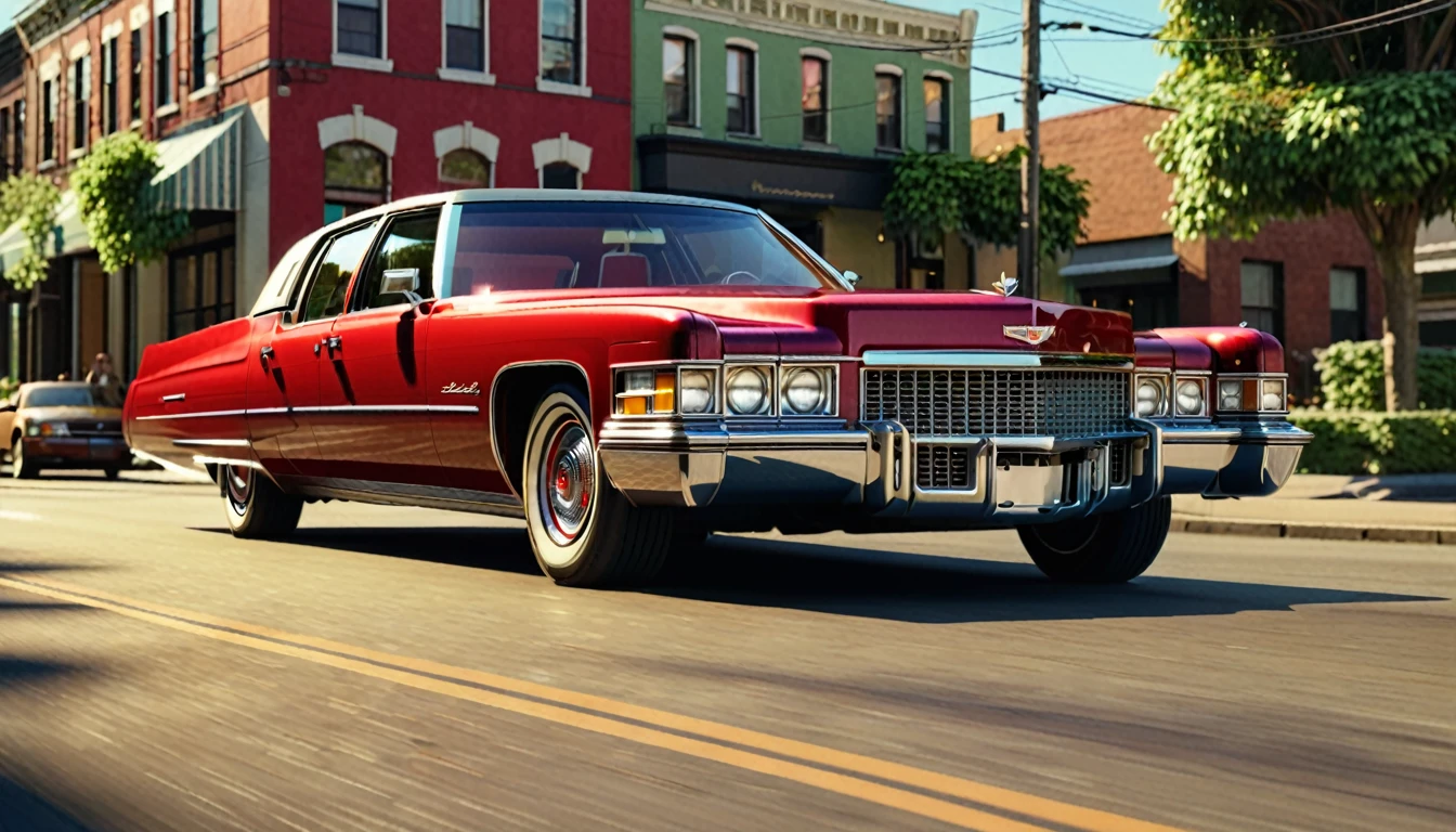 Generate an image of a 1970s red Cadillac with a tan interior driving down a sunny American street. The car should have a sleek, vintage design with chrome details and a large size, capturing the classic vibe of the era. The background should feature some greenery and buildings, reflecting a typical suburban setting. cinematic action, cinematic lighting, backlighting, masterpiece, anatomically correct, textured skin, super detail, 8k atmospheric perspective, depth of field,