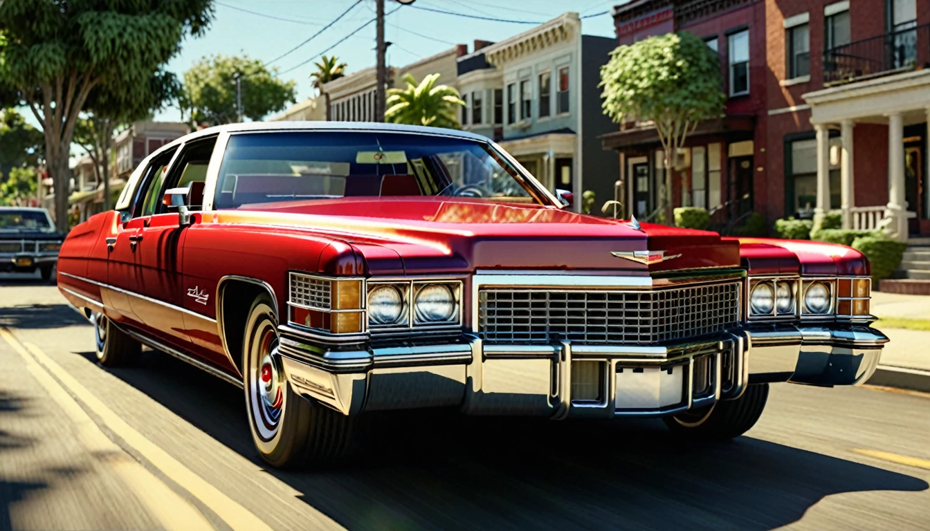 Generate an image of a 1970s red Cadillac with a tan interior driving down a sunny American street. The car should have a sleek, vintage design with chrome details and a large size, capturing the classic vibe of the era. The background should feature some greenery and buildings, reflecting a typical suburban setting. cinematic action, cinematic lighting, backlighting, masterpiece, anatomically correct, textured skin, super detail, 8k atmospheric perspective, depth of field,