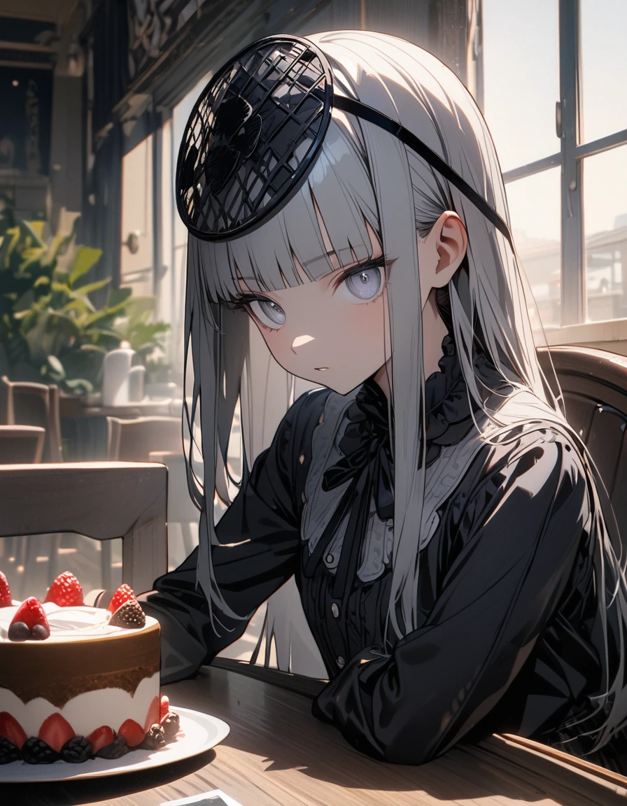 (8K, best quality, master piece: 1.2), super high resolution,1 girl,独奏,16yo,ultra-detailed face,detailed eyes,silver eyes,blunt bangs,silver hair,Straight Hair,Long Hair,long sleeve petal collar blouse,black Fascinator,Tiered skirt,expressionless,parted lips,Rim Light,Sitting in a chair,A cake and a cup of tea on the table,cafe
