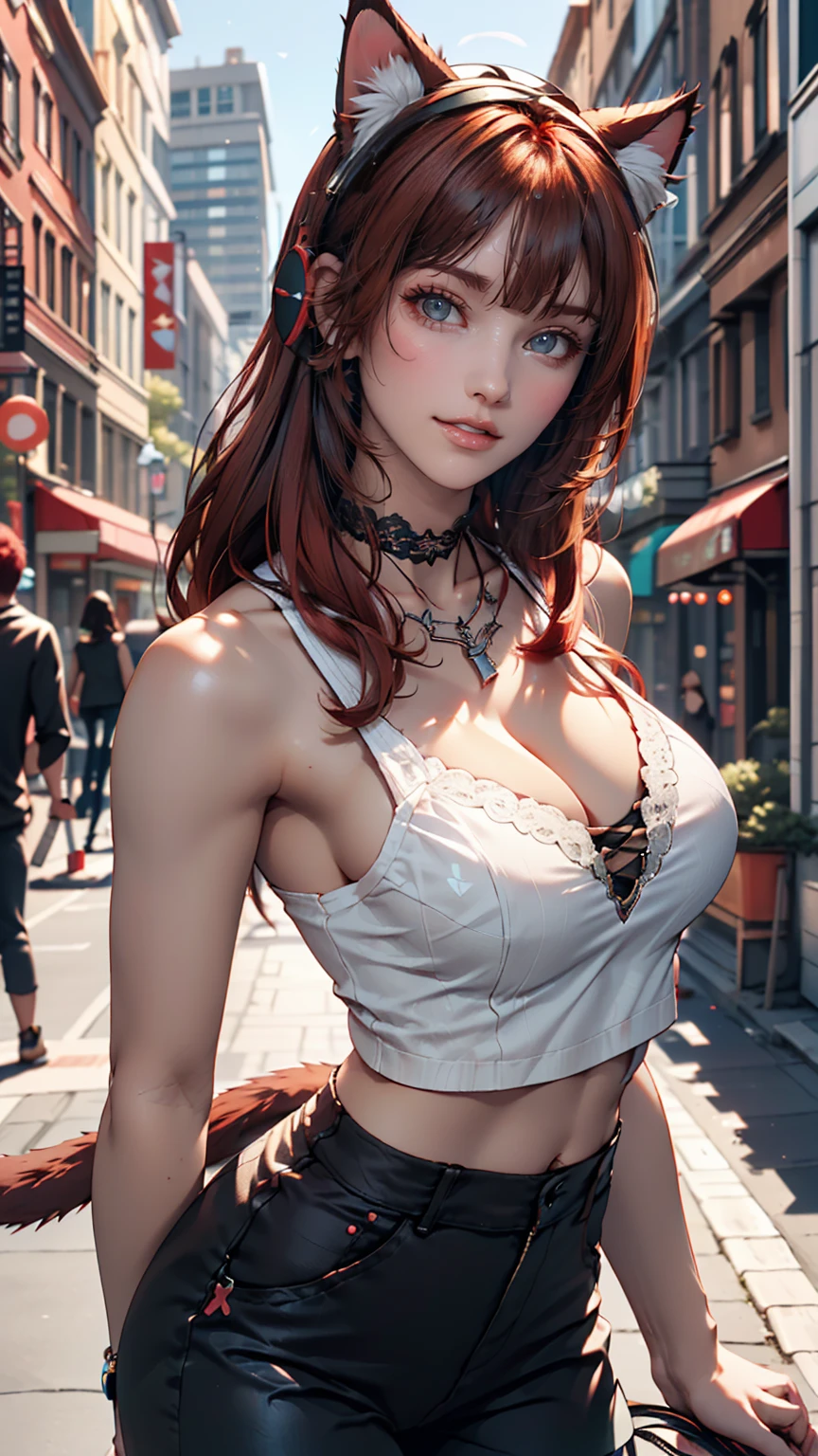 24 year old Caucasian female、Red hair、Inner Color((colored inner hair))、Triple tail((tri tails))、Gradient color hairstyle ((gradient hair))、Long eyelashes((longeyelashes))、High neck/Halter neck((high neck halter neck))Wear tops、Wear hot pants、Cat ear headphones((cat ear headphones))、Leaning against the wall of a downtown building、smile、Lace-decorated choker