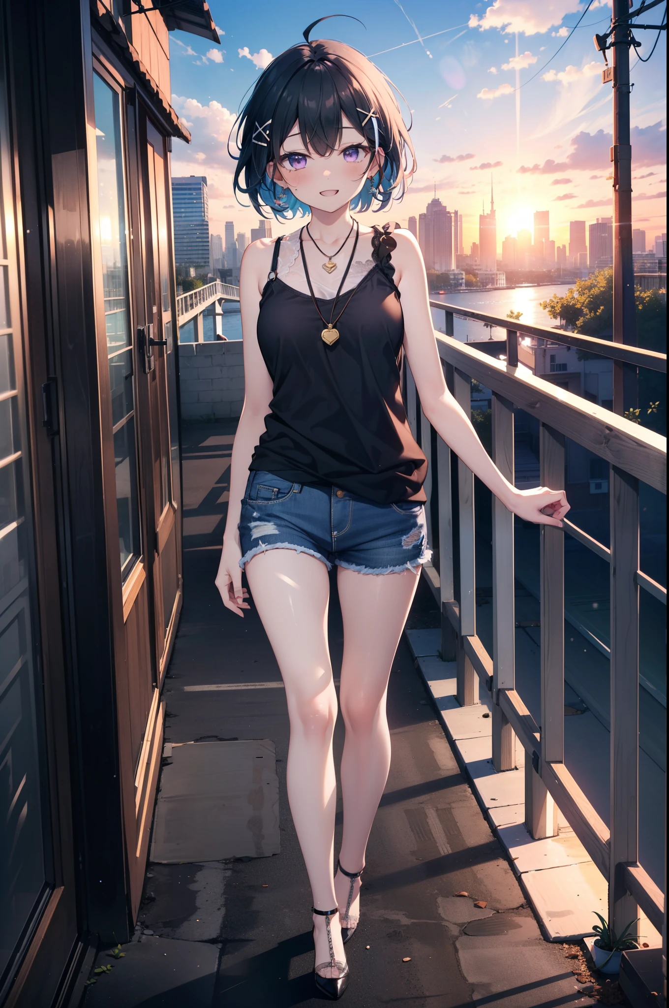 komachihikigaya, komachi hikigaya, short hair, Black Hair, hair ornaments, Ahoge, Hair Clip, x hair ornaments, (Purple eyes:1.1), tooth, happy smile, smile, Open your mouth, black tank top shirt,Locket Necklace,Skinny jeans,Stiletto heels,morning,morning陽,The sun is rising,Walking,whole bodyがイラストに入るように,
break outdoors, Building district,
break looking at viewer,whole body,
break (masterpiece:1.2), Highest quality, High resolution, unity 8k wallpaper, (figure:0.8), (Beautiful attention to detail:1.6), Highly detailed face, Perfect lighting, Highly detailed CG, (Perfect hands, Perfect Anatomy),