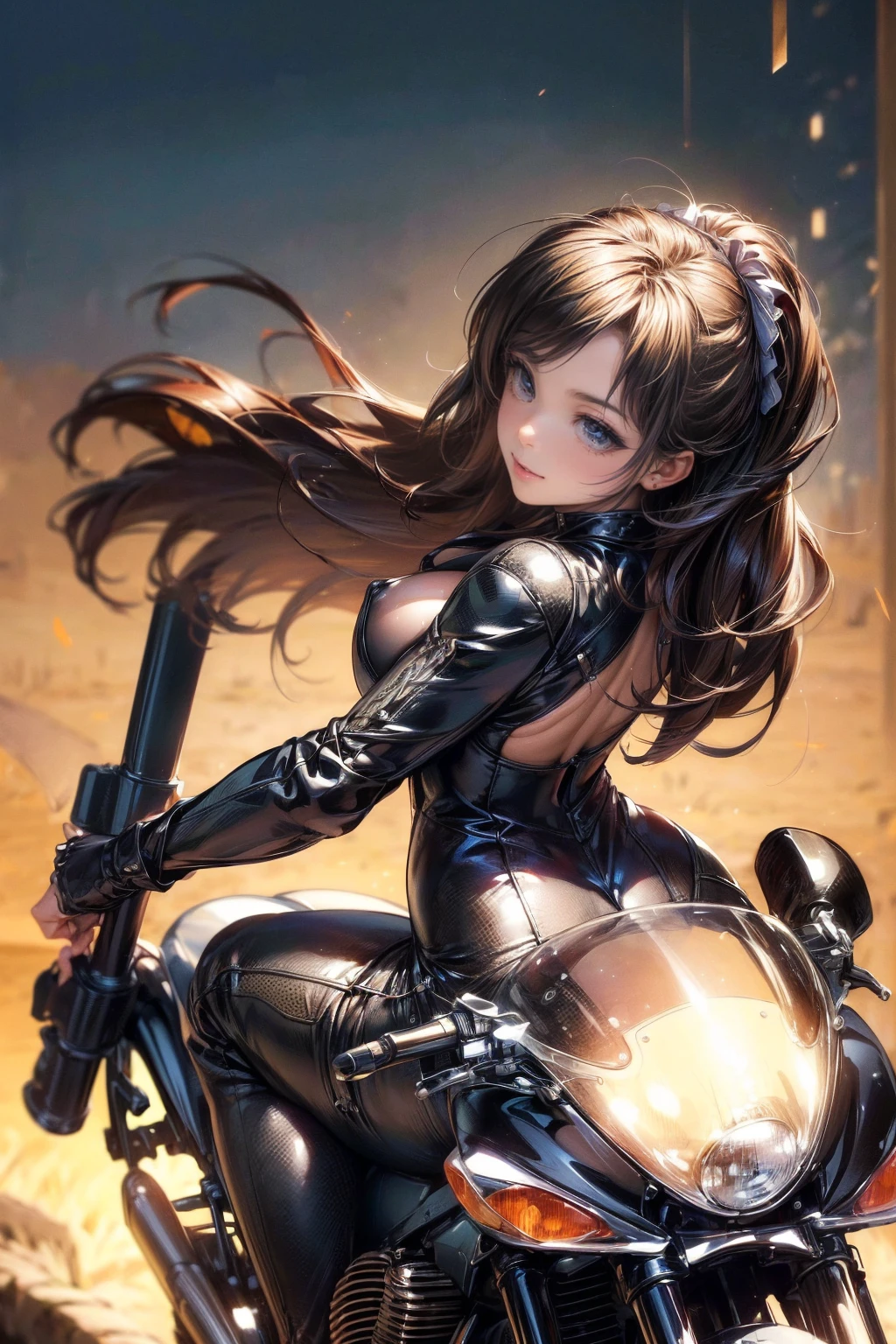 nsfw、(masterpiece, Highest quality, Super detailed:1.3), Perfect composition, 4K, (Very detailed, Super detailed), Patent leather leotard、Long gloves、Knee-high boots, High resolution, 8k Texture, Attention to detail, Very detailed肌の質感, Magnificent details, High Sharpness, One girl, (Fine grain:1.3), (25-year-old woman:1.3),(Riding a big motorcycle)、((Face down on a motorcycle:1.3))、View Viewer、smile、Butt Emphasis、Erect nipples